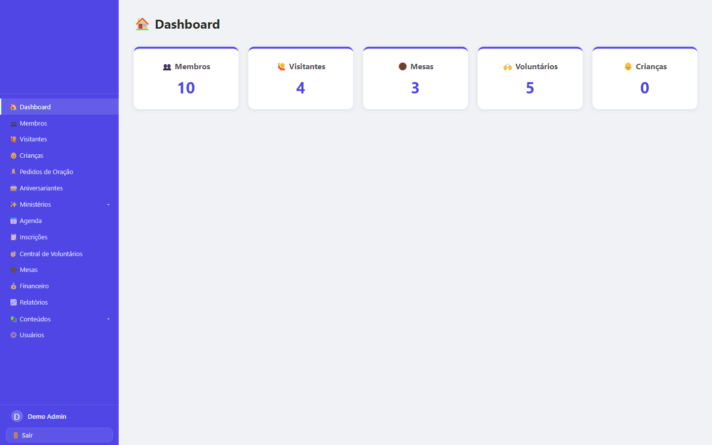 Dashboard do Agappo — sistema de gestão para igreja mostrando indicadores de membros, financeiro, agenda e ministérios