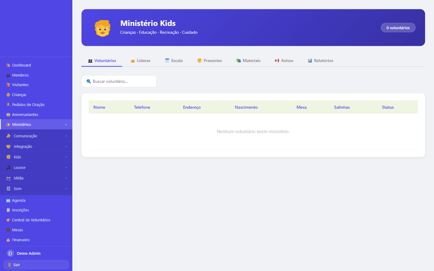 Ministério Kids do Agappo — check-in de crianças por QR Code, salas por faixa etária e controle de responsáveis